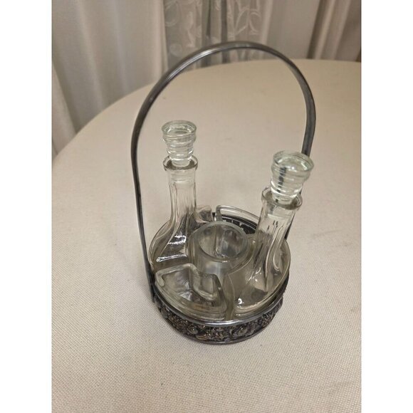 Vintage Ornate Silver Plate Glass Cruet Set With Decorative Handle & Fruit Motif - Picture 1 of 15